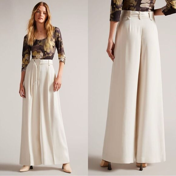 NWT Ted Baker Eliziie Cream Pants Pleated Wide Leg Size 6 - Picture 1 of 16